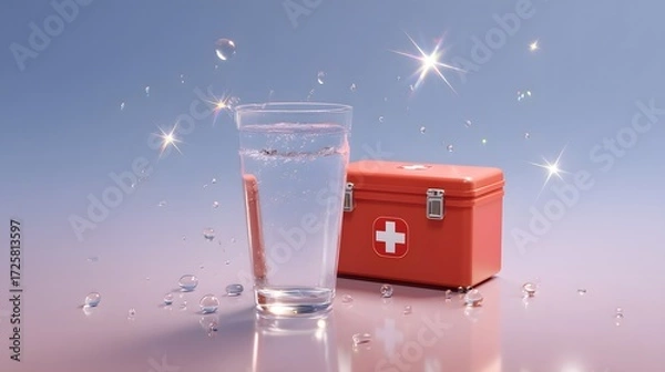 Fototapeta Glass of Water Next to First Aid Kit with Sparkling Elements and Water Droplets in Background