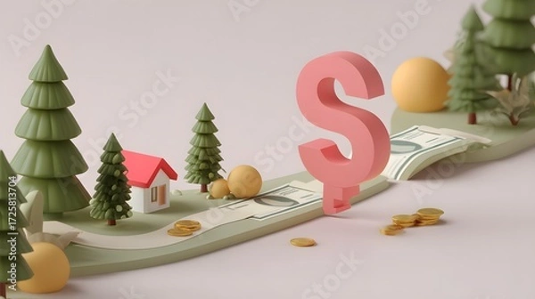 Fototapeta Abstract representation of money management with trees, house, and currency concepts in pastel colors