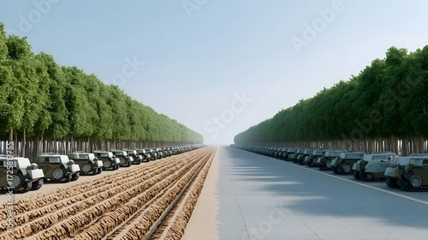 Fototapeta Military Vehicles Aligned Along Tree-Lined Roadway in Clear Weather Under Bright Sky