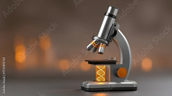 Fototapeta Modern Laboratory Microscope with Illuminated Stage and DNA Helix Representation