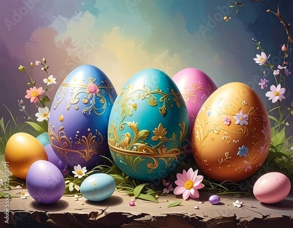 Obraz Easter eggs, flowers, and grass