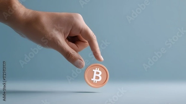 Fototapeta Hand Reaching for Bitcoin Coin on Light Blue Background with Soft Lighting and Shadows