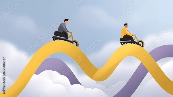 Fototapeta Two Men Riding Electric Bikes on Colorful Curved Path Above Clouds in a Dreamy Landscape