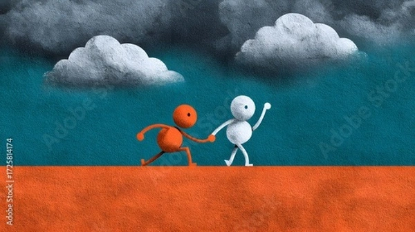 Fototapeta Two Playful Characters Holding Hands Under a Dramatic Cloudy Sky in a Colorful Landscape