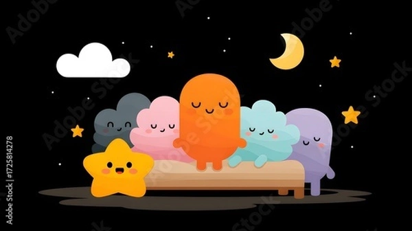 Fototapeta Colorful cartoon characters enjoying sleep under moonlight in dreamy starry night setting