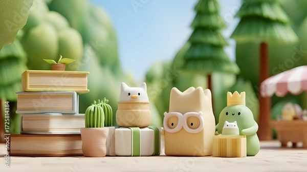 Fototapeta Cute and Colorful Figurines Among Stacked Books and Greenery in a Playful Outdoor Setting
