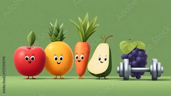 Fototapeta Playful Cartoon Fruits and Vegetables with Dumbbell on Green Background for Healthy Lifestyle