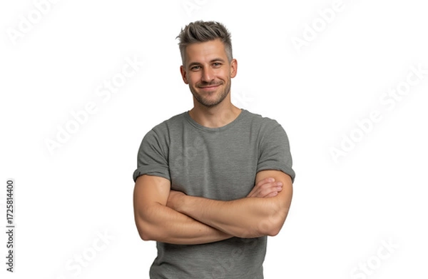 Fototapeta A handsome man with short grey hair and a beard, wearing a grey tshirt, smiles confidently with his arms crossed, isolated on transparent background