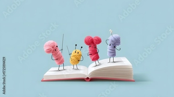 Fototapeta Colorful Yarn Characters Playing on an Open Book in a Whimsical and Creative Setting