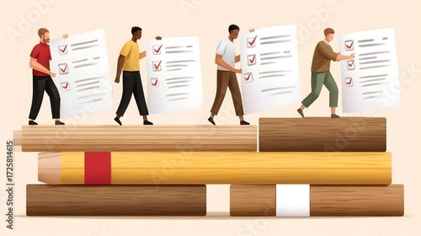 Fototapeta Teamwork, Goals and Progress Visualization with People and Checklist Concept on Wooden Elements
