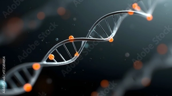 Fototapeta DNA Helix Structure with Orange and Blue Atoms in Abstract Scientific Background