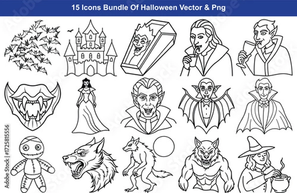 Fototapeta Spooky halloween icons set featuring vampires werewolves ghosts and haunted castle line art isolated on transparent background