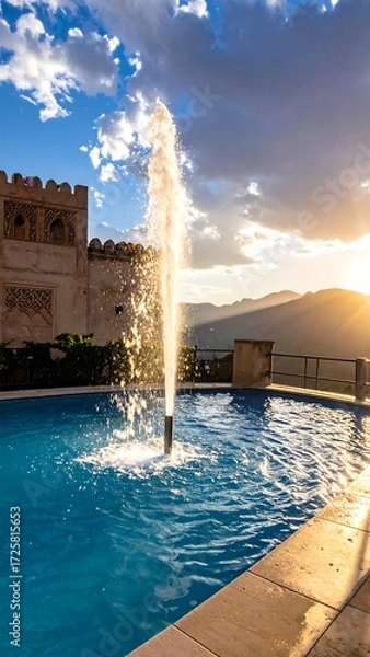 Fototapeta Fountain in a courtyard at sunset