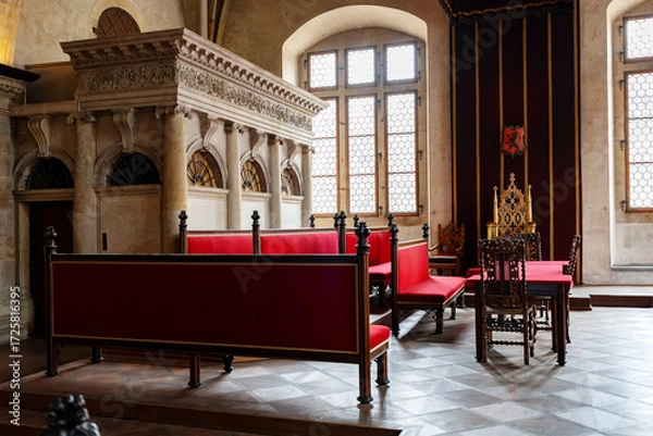 Fototapeta Coronation Hall with Golden Throne in Old Royal Palace Prague Castle.