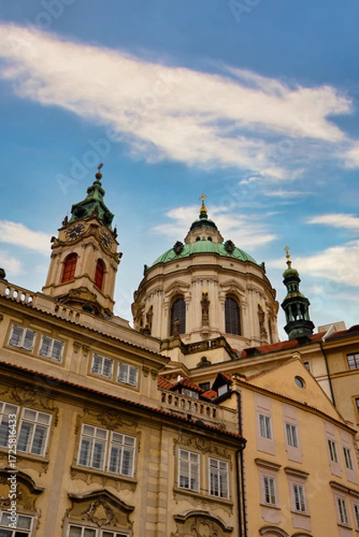 Fototapeta St Nicholas Church Dome and Clock Tower in Prague.