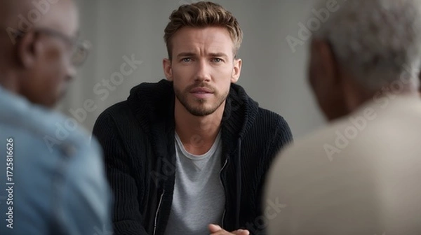 Fototapeta Young man with thoughtful expression engages in conversation with two adults in a discussion setting