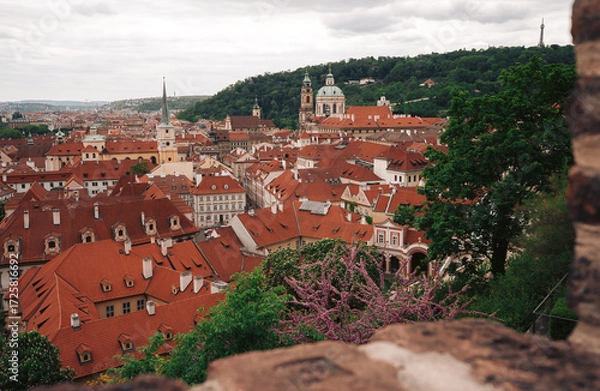 Fototapeta Summer cityscape of Prague with red rooftops.