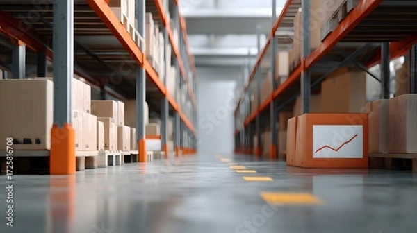 Fototapeta Modern Warehouse Interior with Shelves, Boxes, and Graph Icon Representing Inventory Management