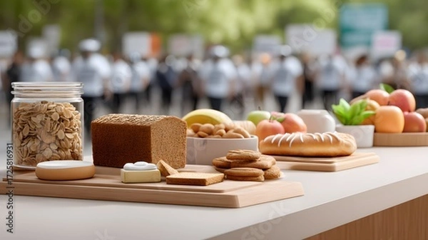 Fototapeta Fresh and Healthy Food Arrangement at Outdoor Event with Crowd in Background
