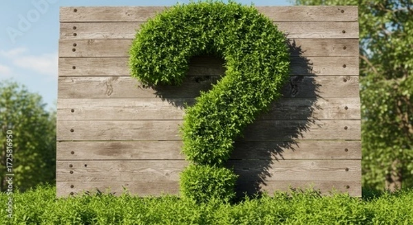 Fototapeta Green Question Mark on Wooden Fence - Environmental mystery, nature's query, sustainable future, growth uncertainty, eco-friendly problem