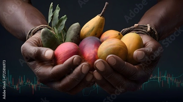 Fototapeta Hands Holding Variety of Colorful Fruits with Dark Background and Graph Elements