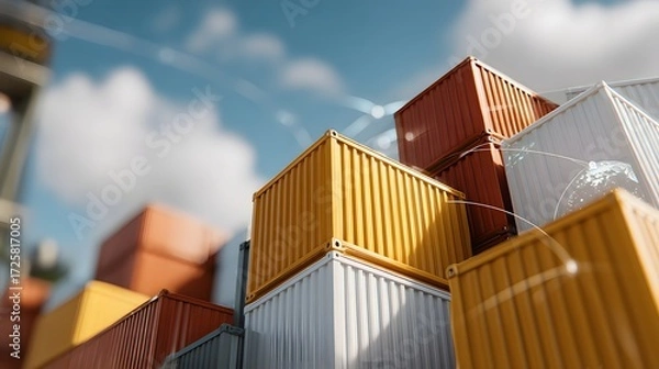 Fototapeta Stacked Cargo Containers at a Port with Blue Sky and Clouds in the Background