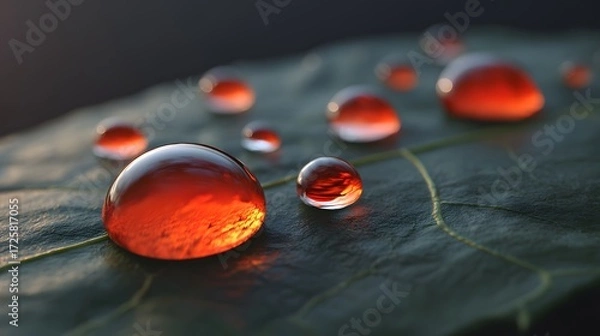 Fototapeta Close-Up of Water Drops on Leaf with Warm Orange Hues in Soft Natural Light