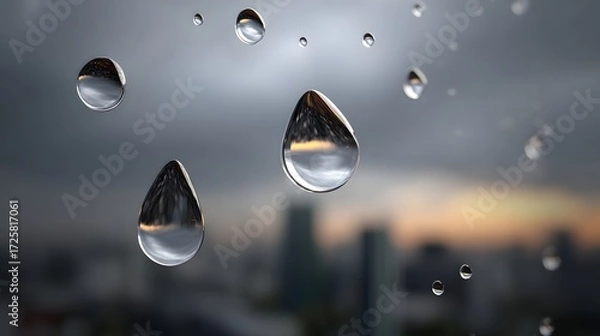 Fototapeta Raindrops on Glass with Blurred City Background at Dusk and Dramatic Cloudy Sky