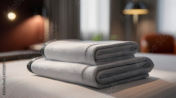 Fototapeta Neatly Folded White Towels on a Bed Ready for Guests in a Cozy Hotel Room Setting