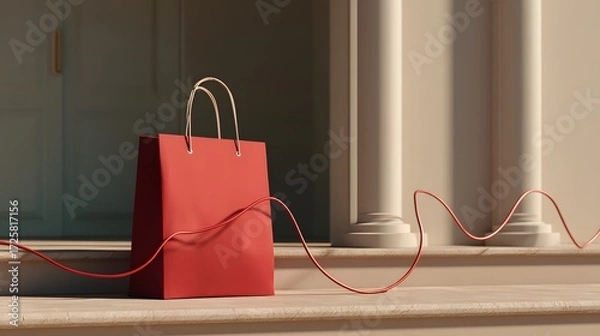 Fototapeta Stylish Red Shopping Bag with Wire on Steps of Elegant Building Displaying Modern Lifestyle