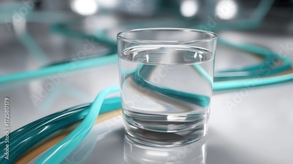 Fototapeta Clear Glass of Water Surrounded by Colorful Tubes on a Reflective Surface