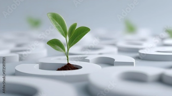 Fototapeta Green Sprout Emerging from White Question Marks Symbolizing Growth and Inquiry in Business