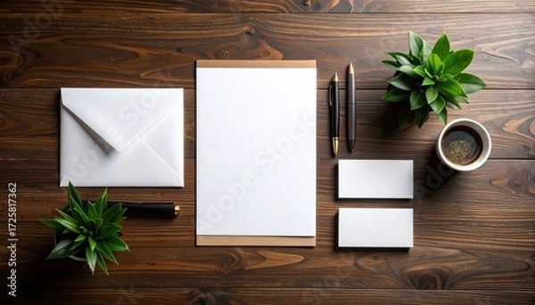 Obraz Mockup blank paper with office supplies on wood background.