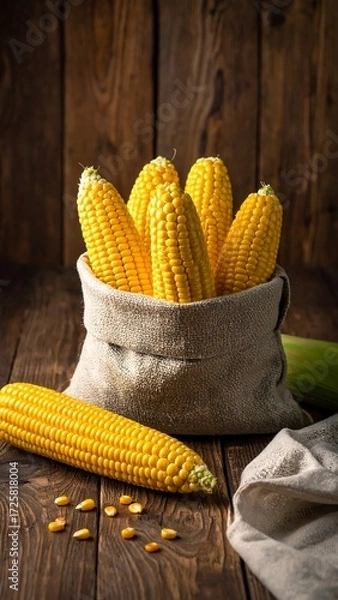 Fototapeta Fresh corn in burlap sack