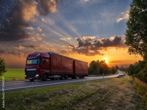 Obraz Red delivery truck driving on the asphalt road in rural landscape at sunset