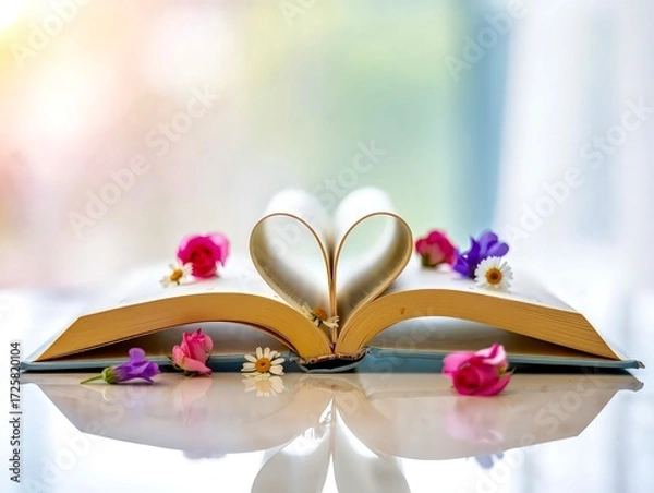 Fototapeta Romantic sunlight book heart with pink petals