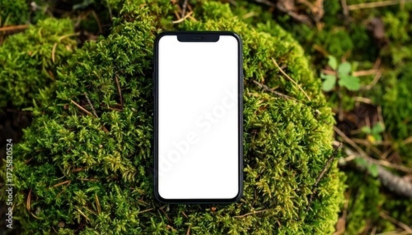 Fototapeta Blank Phone Screen on Mossy Forest Background Mockup.
