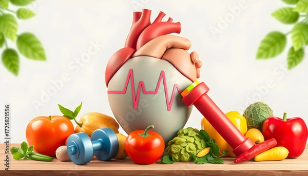 Fototapeta Huge heart with pulse rate and dumbbell, fruit and vegetables vector illustration. Healthy heart and healthy lifestyle choice concept.. Generative AI