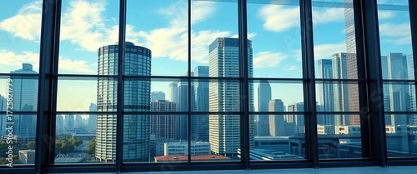 Fototapeta Modern building facade with large panoramic windows reflecting city skyline, window frame, commercial
