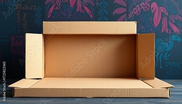 Fototapeta Empty cardboard flat-pack box, ready for assembly,  rectangle,  open