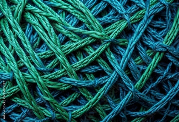 Fototapeta Intricate woven threads, rich texture, complex pattern in deep blues and greens,  pattern,  close up shot
