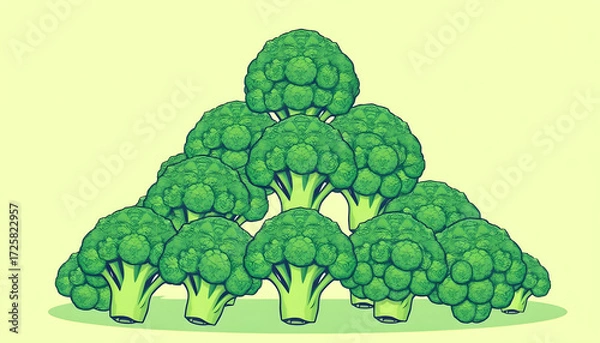 Fototapeta illustration of broccoli heads forming a pyramid, representing growth, ambition, and the abundance of healthy eating on a pastel green background.. Generative AI