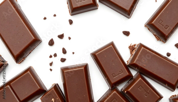 Fototapeta Isolated Chocolate bar pieces on white background. Bitter dark Chocolate macro. Package design element. Generative AI