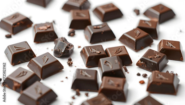 Fototapeta Isolated Chocolate bar pieces on white background. Bitter dark Chocolate macro. Package design element. Generative AI