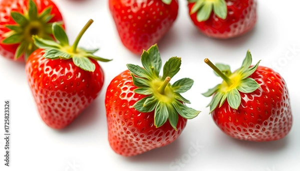 Fototapeta Juicy strawberries with cut in half isolated on white. Clipping path.. Generative AI