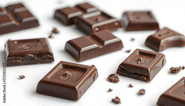 Fototapeta Isolated Chocolate bar pieces on white background. Bitter dark Chocolate macro. Package design element. Generative AI