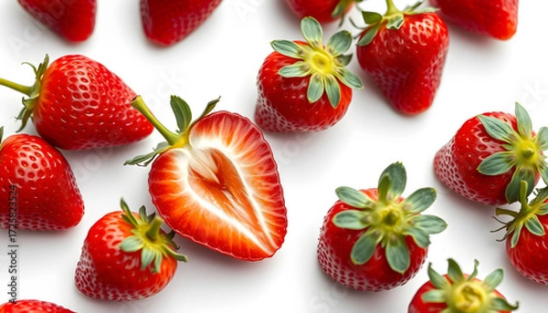 Fototapeta Juicy strawberries with cut in half isolated on white. Clipping path.. Generative AI