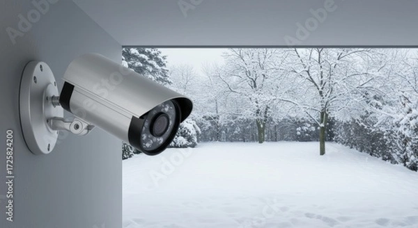 Fototapeta Security Camera Winter Scene - A security camera mounted on a wall overlooks a snow covered winter landscape. Perfect for home security, surveillance, and winter themes