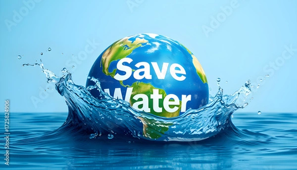 Fototapeta Save water concept. Earth surrounded by splashing water against light blue background. Generative AI