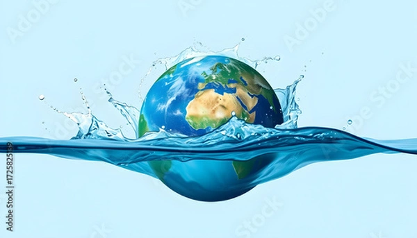 Fototapeta Save water concept. Earth surrounded by splashing water against light blue background. Generative AI